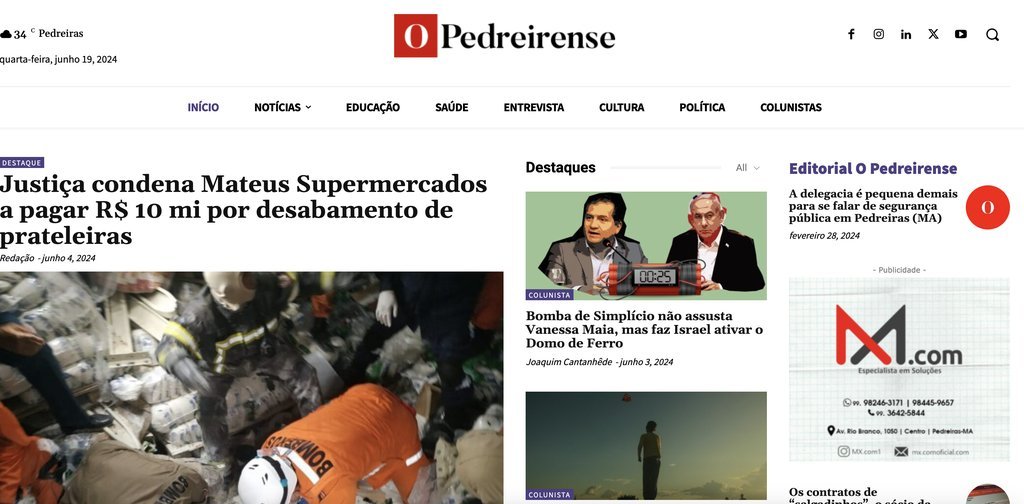 Screenshot of the Jornal O Pedreirense website