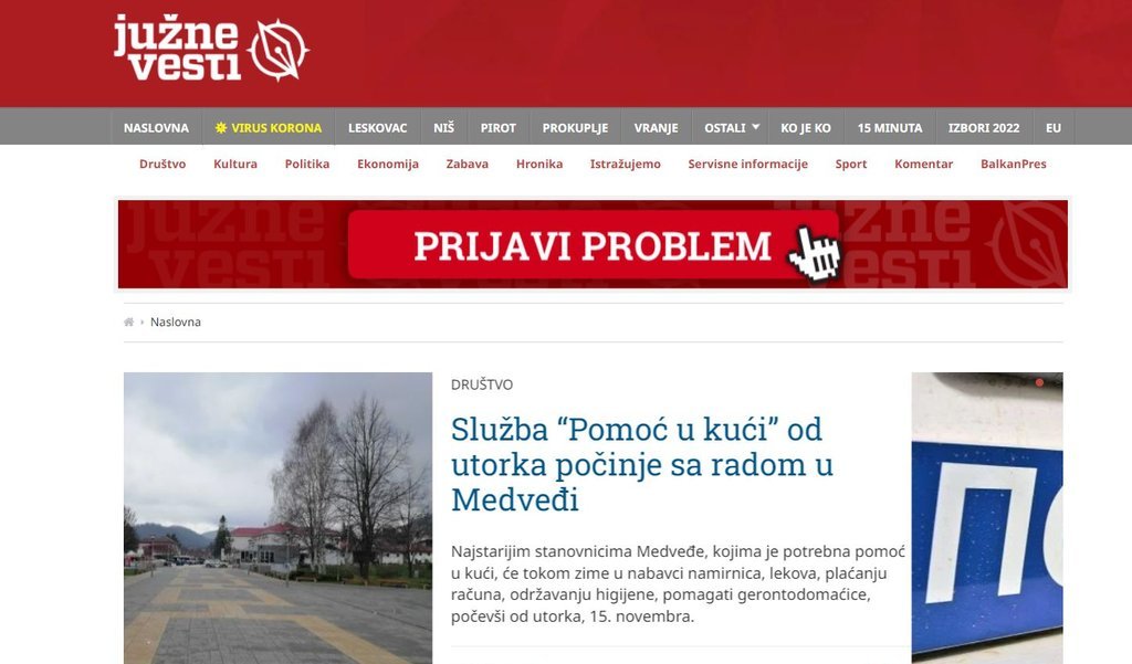 Screenshot of the Južne vesti website