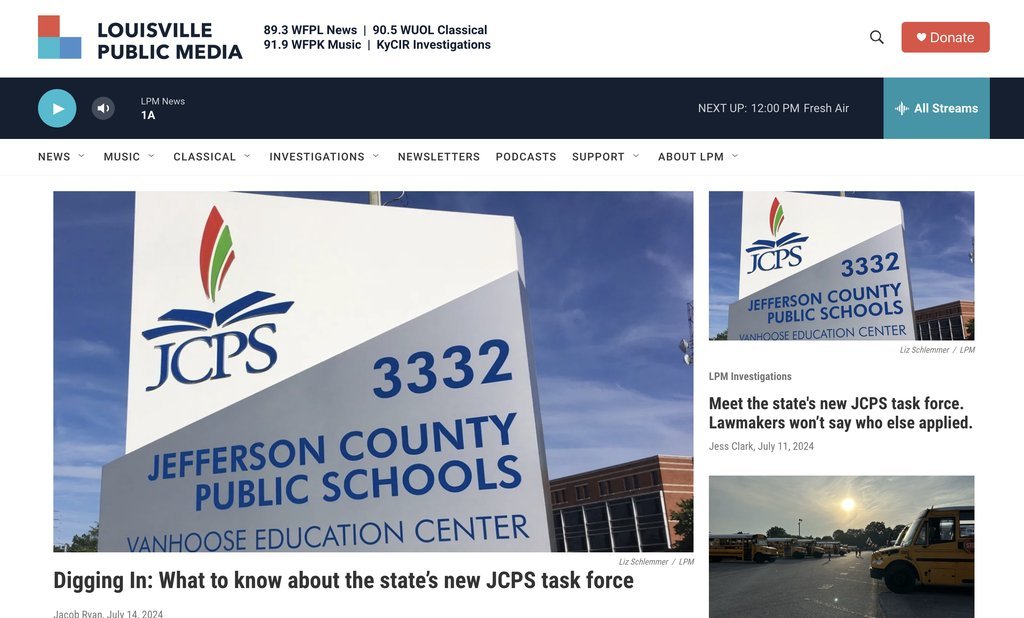 Screenshot of the Louisville Public Media  website