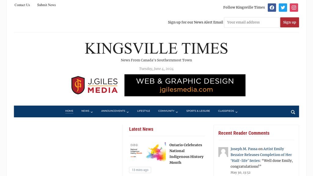 Screenshot of the Kingsville Times website