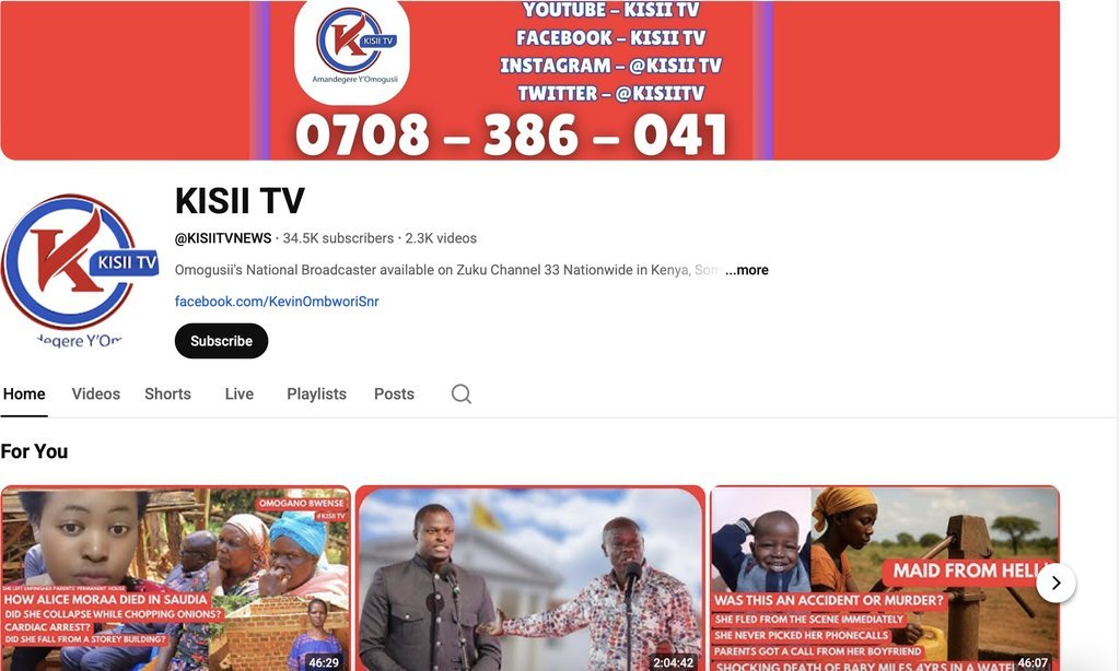Screenshot of the Kisii TV website