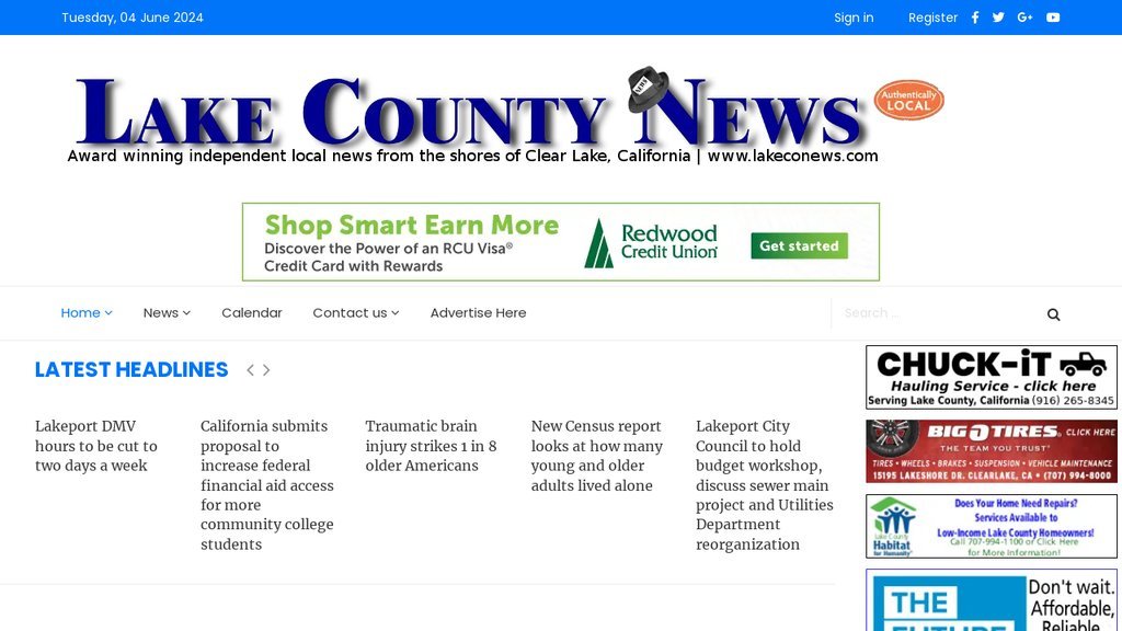 Screenshot of the Lake County News website