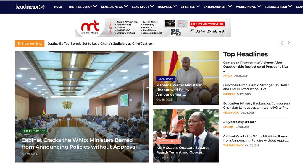 Screenshot of the Lead News Online website