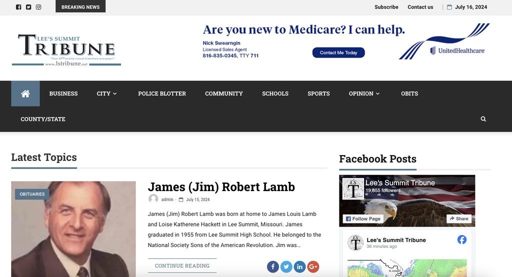 Screenshot of the Lee's Summit Tribune website