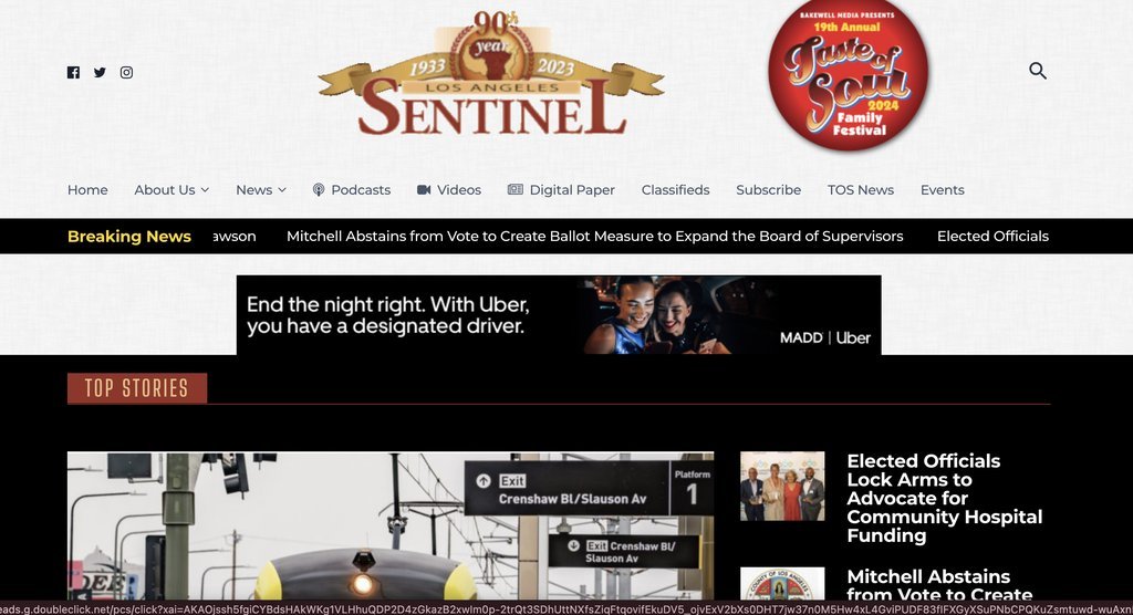 Screenshot of the Los Angelos Sentinal website