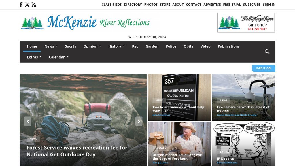 Screenshot of the McKenzie River Reflections website