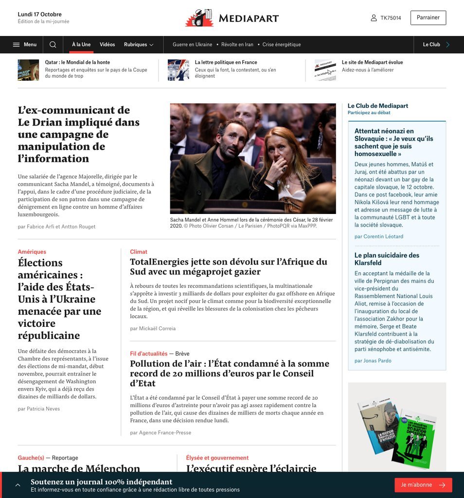 Screenshot of the Mediapart website