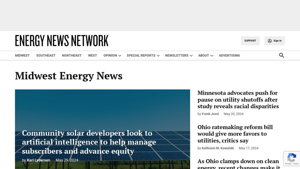 Screenshot of the Midwest Energy News website