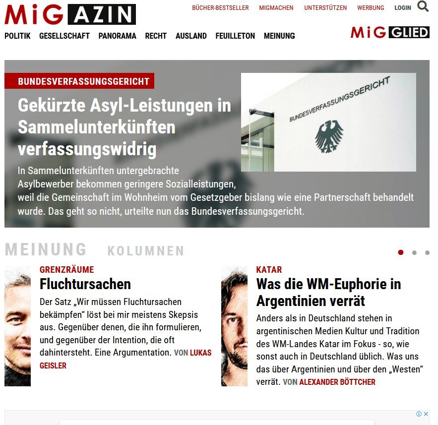 Screenshot of the MiGAZIN website