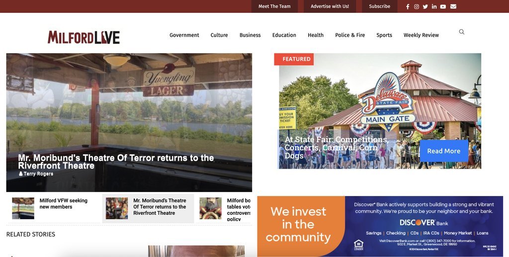 Screenshot of the Milford Live website