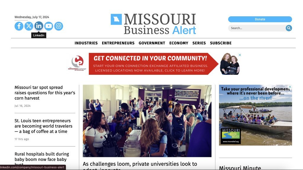 Screenshot of the Missouri Business Alert website
