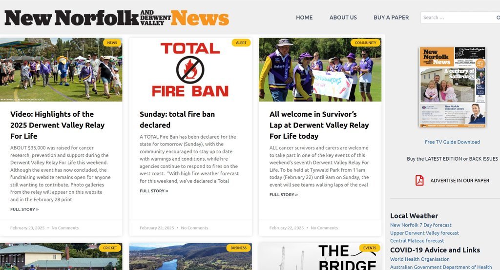 Screenshot of the New Norfolk and Derwent Valley News website