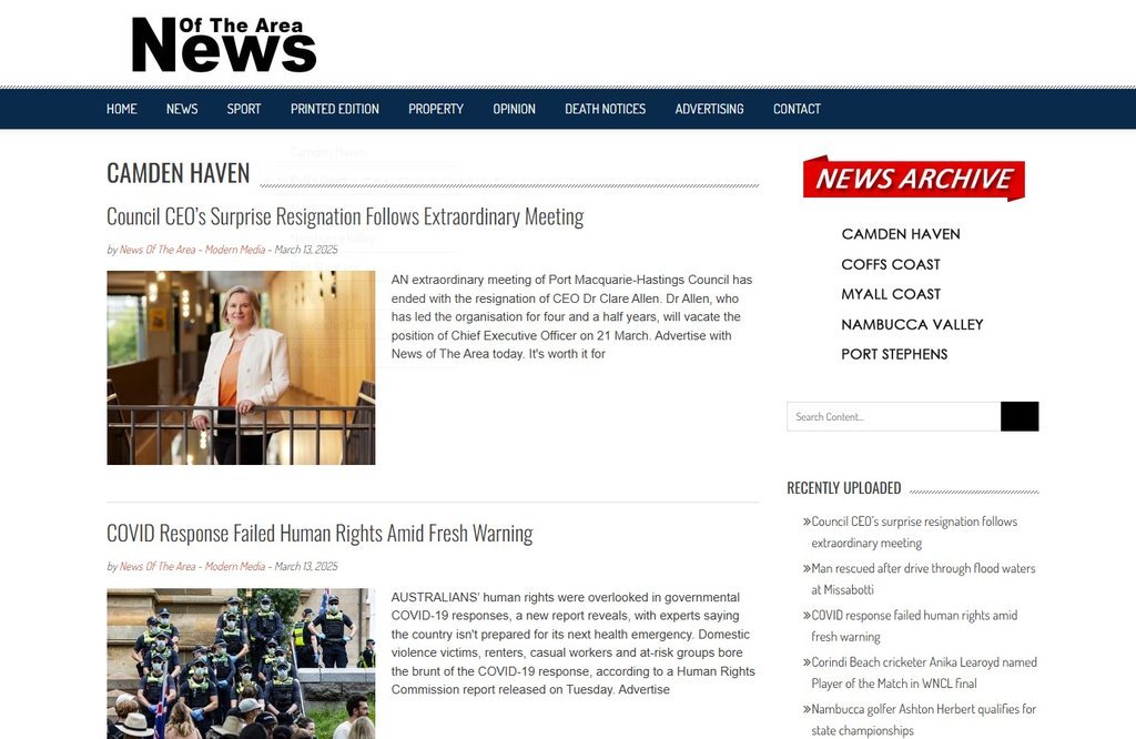 Screenshot of the News Of The Area Camden Haven website
