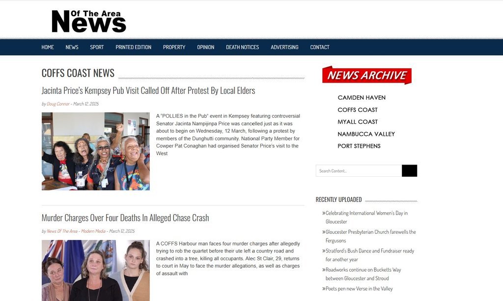 Screenshot of the News Of The Area Coffs Coast website