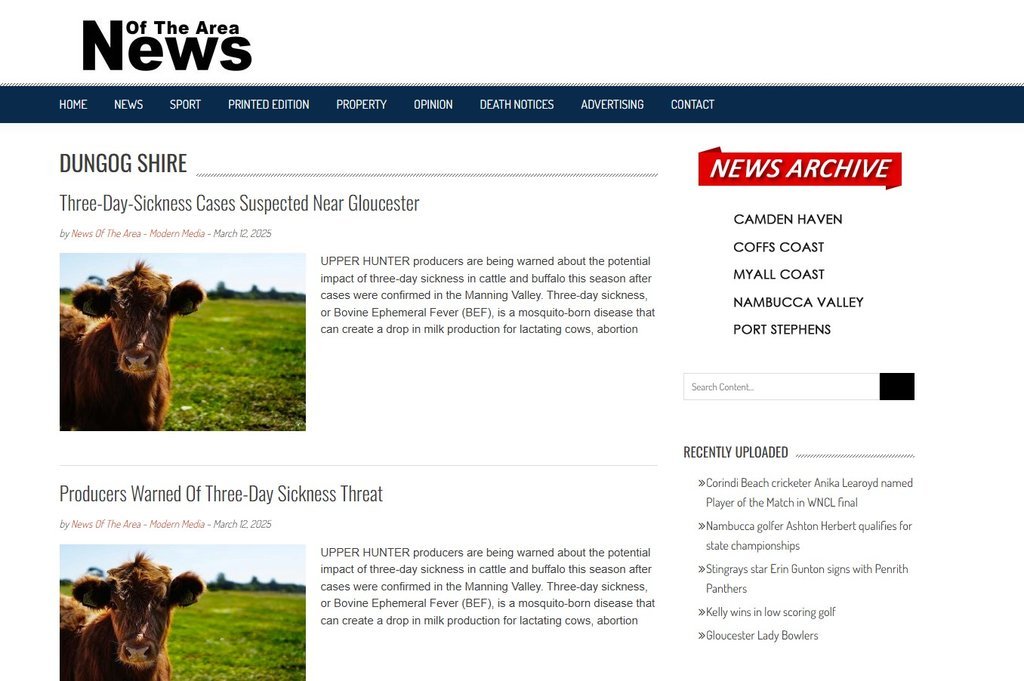 Screenshot of the News Of The Area Dungog Shire website