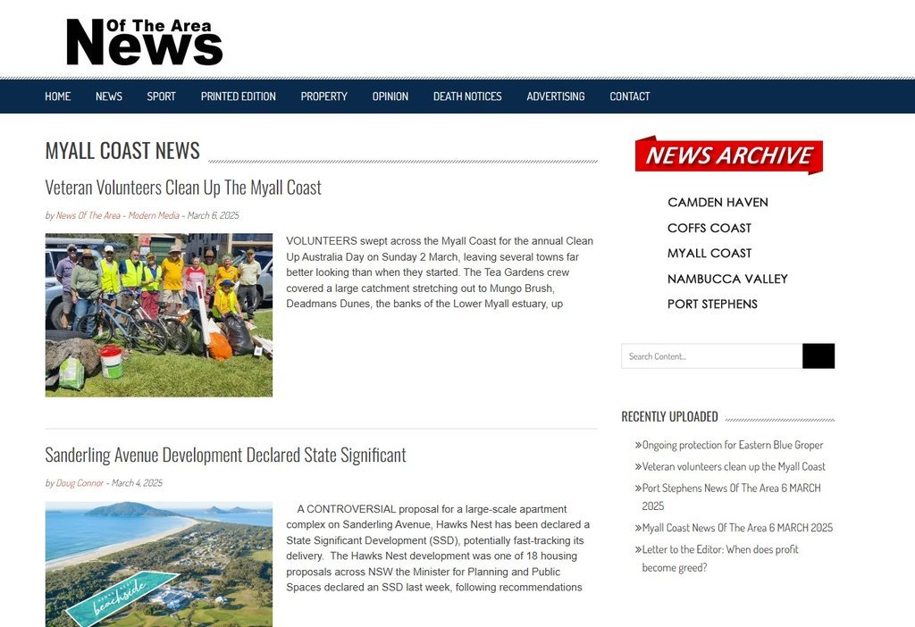 Screenshot of the News Of The Area Myall Coast website