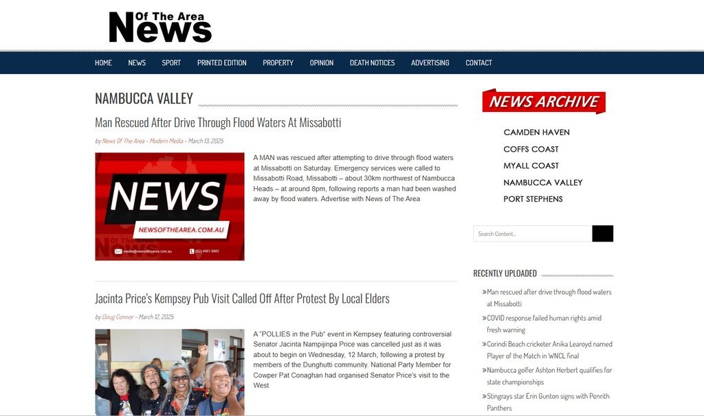 Screenshot of the News Of The Area Nambucca Valley website
