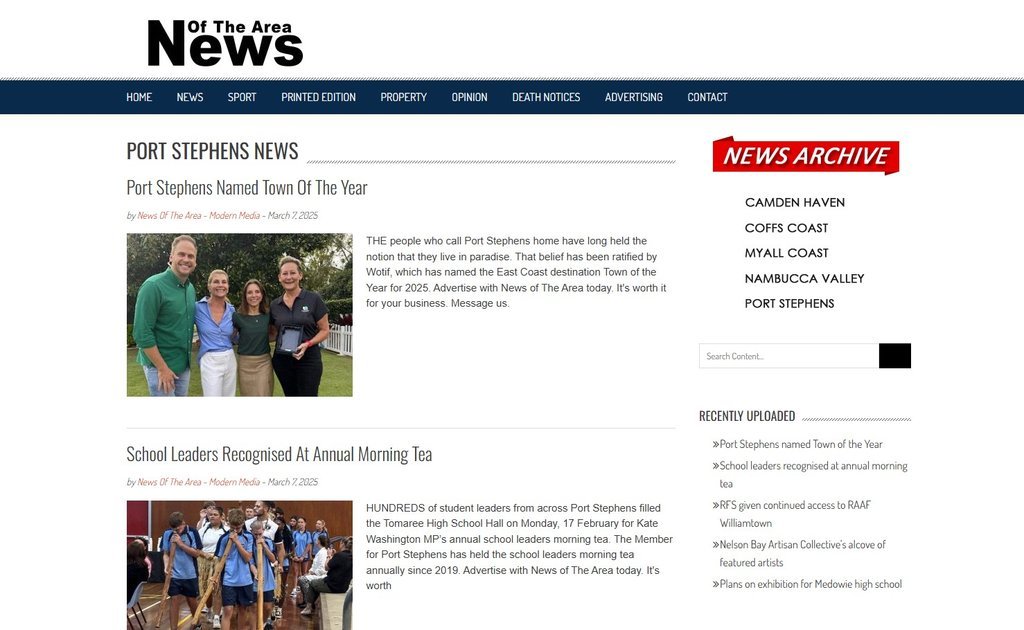 Screenshot of the News Of The Area Port Stephens website
