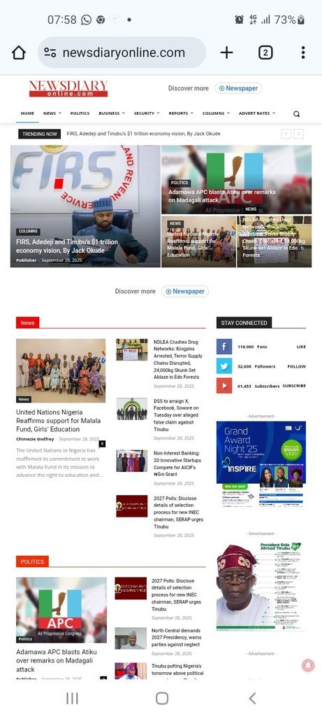 Screenshot of the Newsdiary Online website