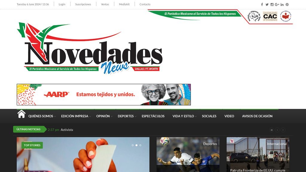 Screenshot of the Novedades News website