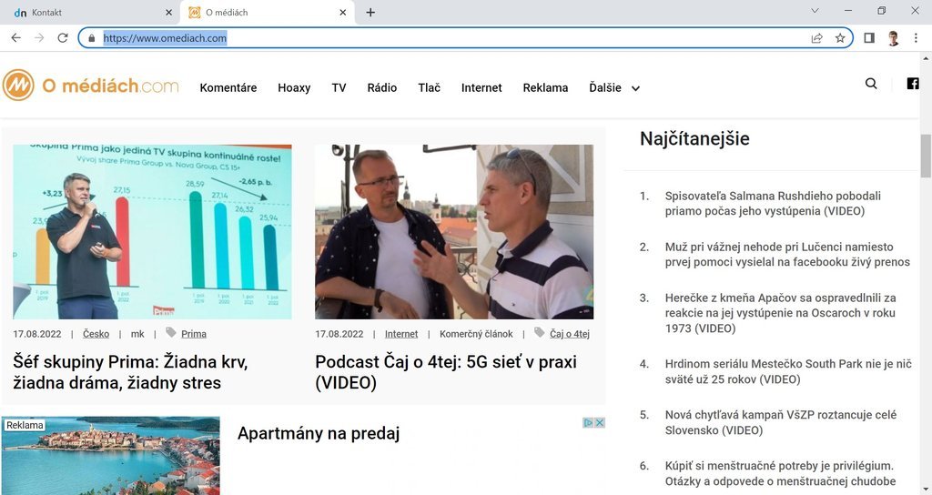 Screenshot of the O médiách website