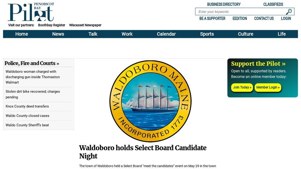Screenshot of the Penobscot Bay Pilot website