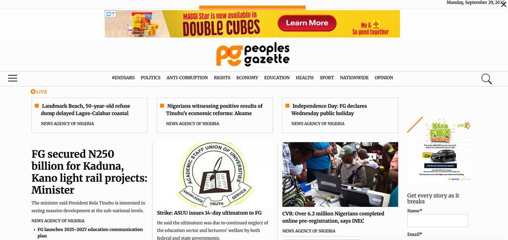 Screenshot of the Peoples Gazette website