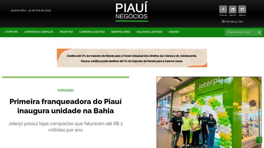 Screenshot of the Piauí Negócios website