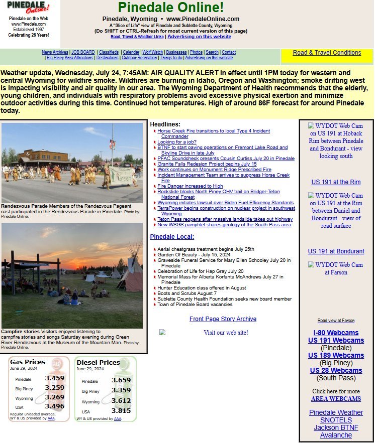 Screenshot of the Pinedale Online website