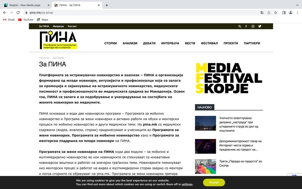 Screenshot of the Platform for investigative journalism and analysis (PINA) website