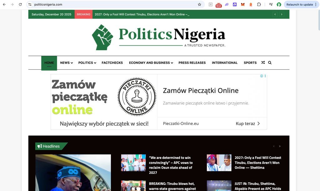 Screenshot of the Politics Nigeria website