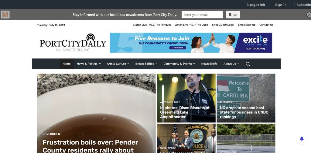 Screenshot of the Port City Daily website