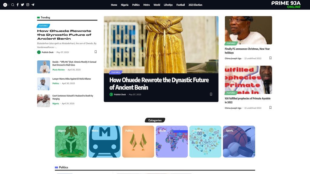 Screenshot of the Prime 9ja Online website