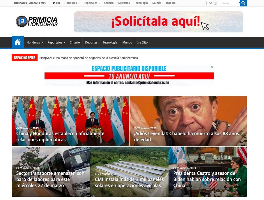 Screenshot of the Primicia Honduras website