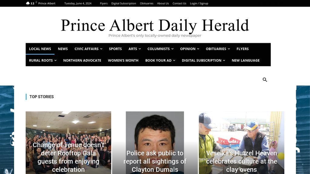Screenshot of the Prince Albert Daily Herald website