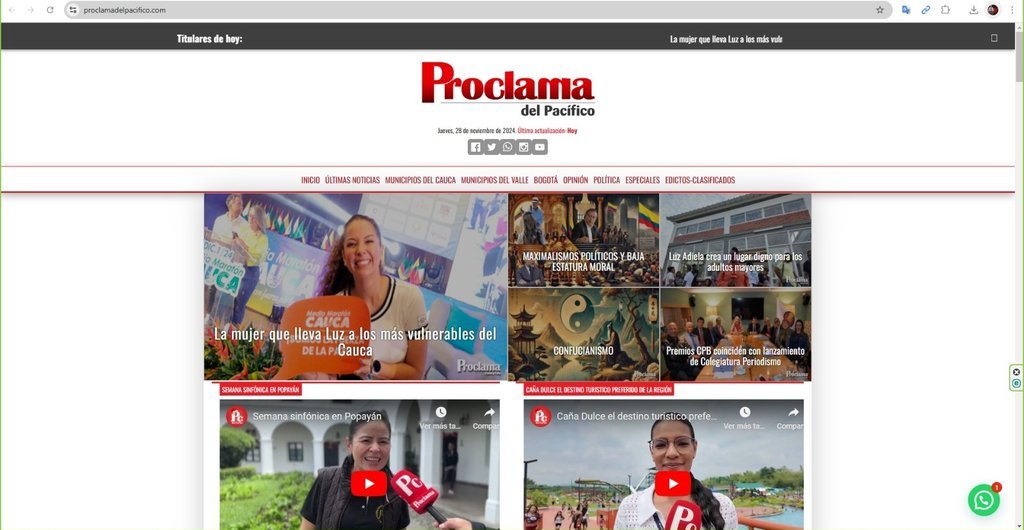 Screenshot of the Proclama Cauca Y Valle website