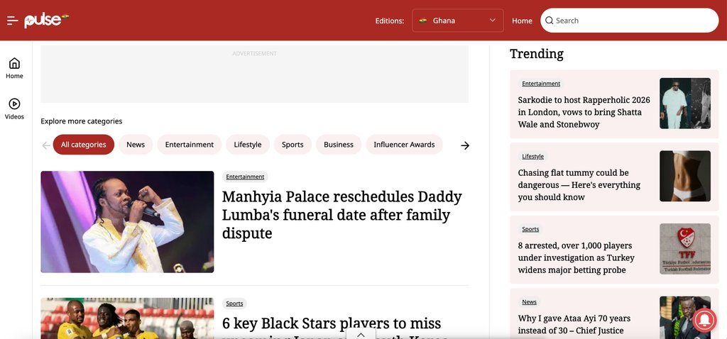 Screenshot of the Pulse Ghana website