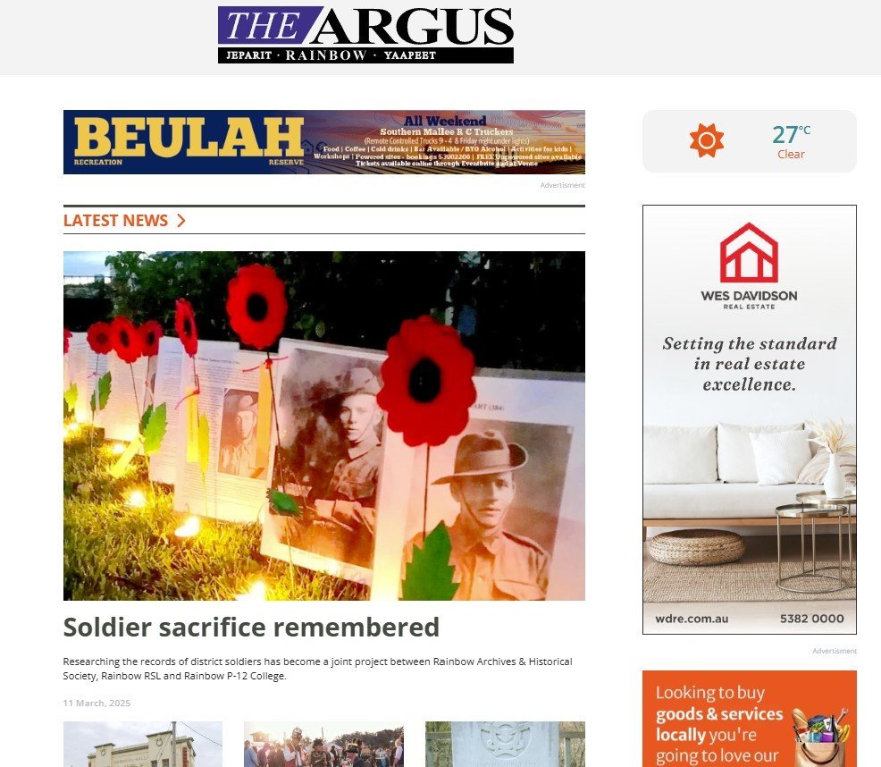 Screenshot of the Rainbow Jeparit Argus website