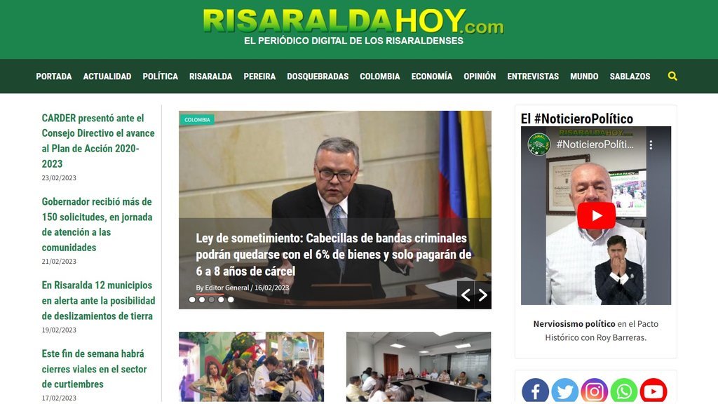 Screenshot of the Risaralda Hoy website