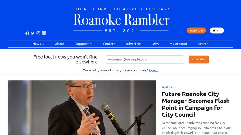 Screenshot of the Roanoke Rambler, The website