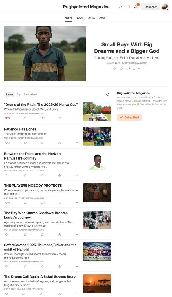 Screenshot of the Rugbydicted Magazine website