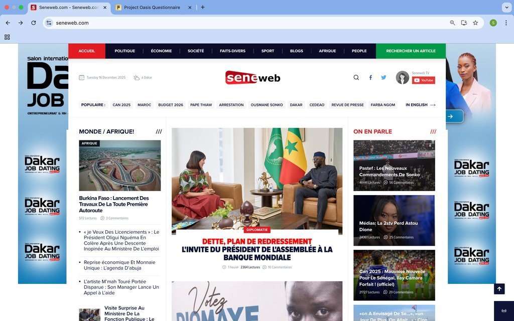 Screenshot of the Seneweb website