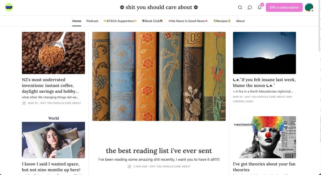 Screenshot of the Shit You Should Care About website