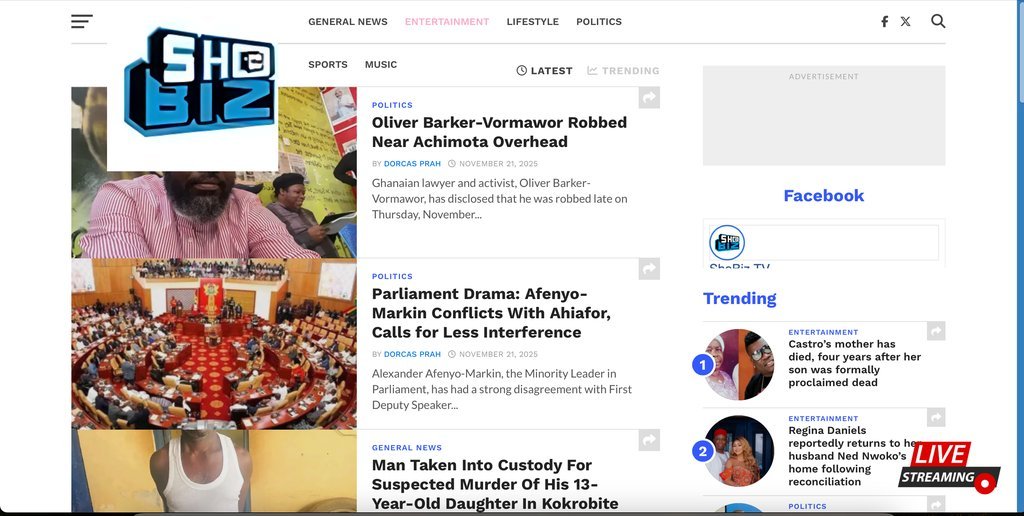 Screenshot of the ShoBiz TV website