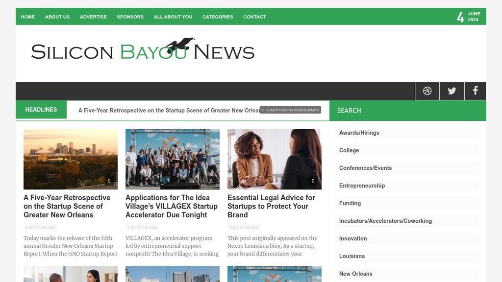 Screenshot of the Silicon Bayou News website