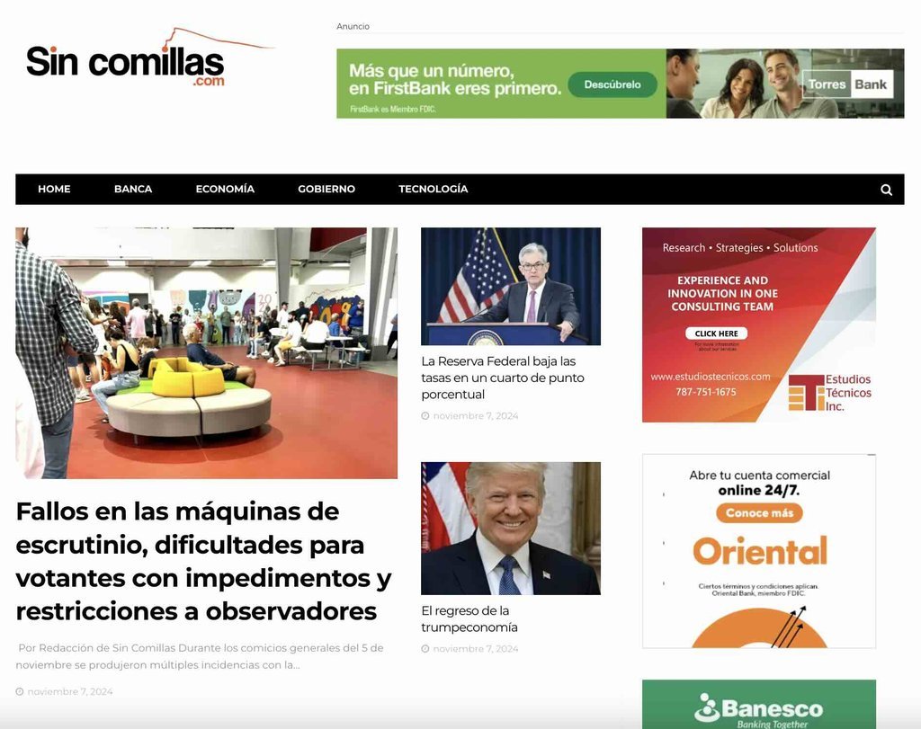 Screenshot of the Sin Comillas website