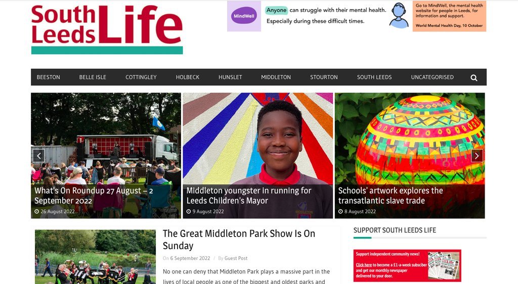 Screenshot of the South Leeds Life website