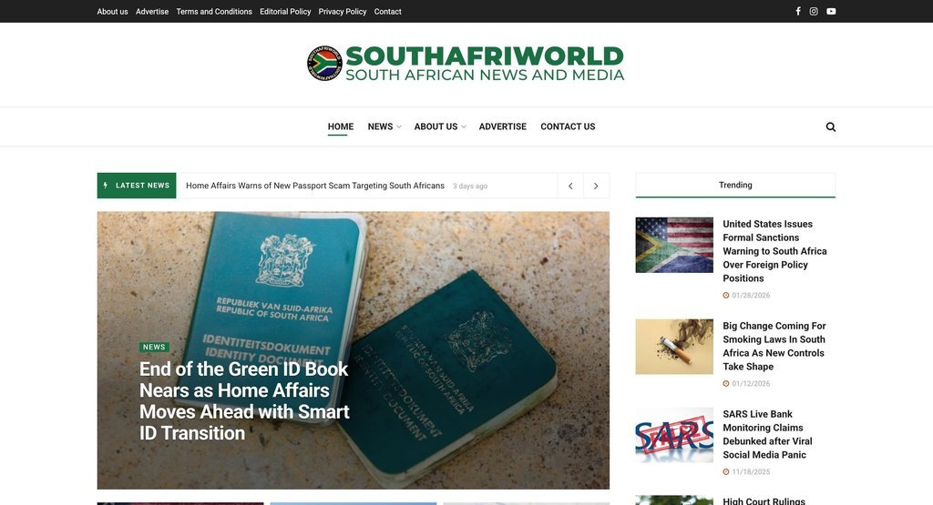 Screenshot of the Southafriworld website
