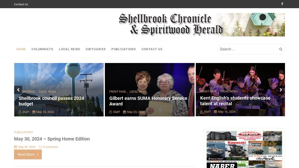 Screenshot of the Shellbrook Chronicle and Spiritwood Herald website
