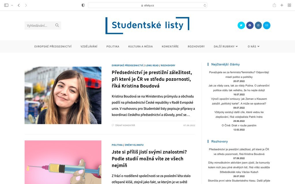 Screenshot of the Studentské listy website
